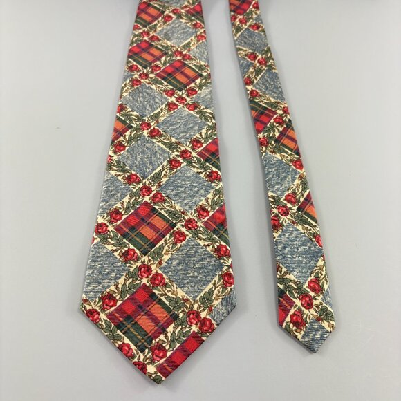 417 Van Heusen Red Plaid Floral Men's Extra Long Tie 4" x 62" - Picture 2 of 3